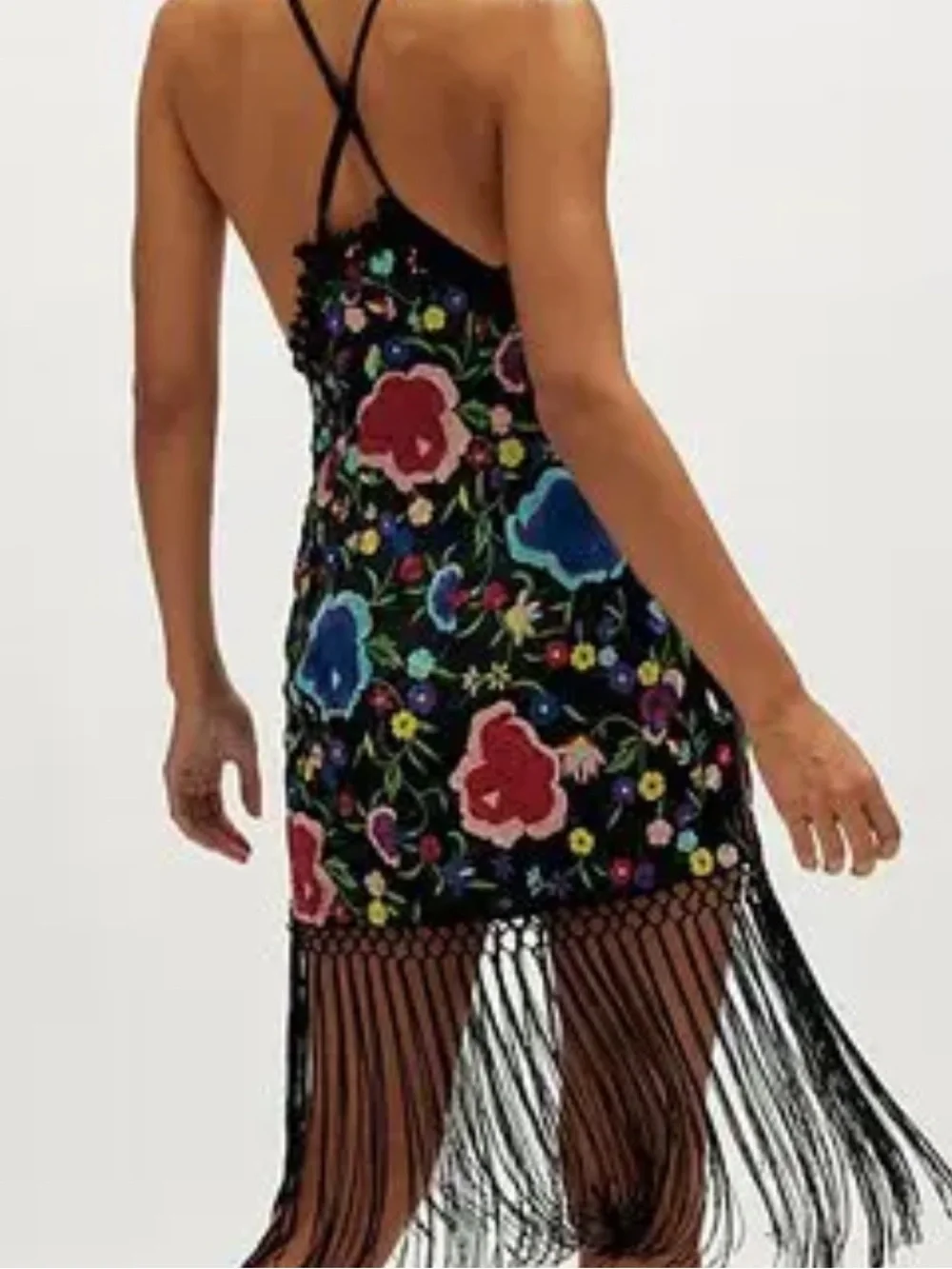NWT Free People Black Floral Embroidered Fringe Mini Dress